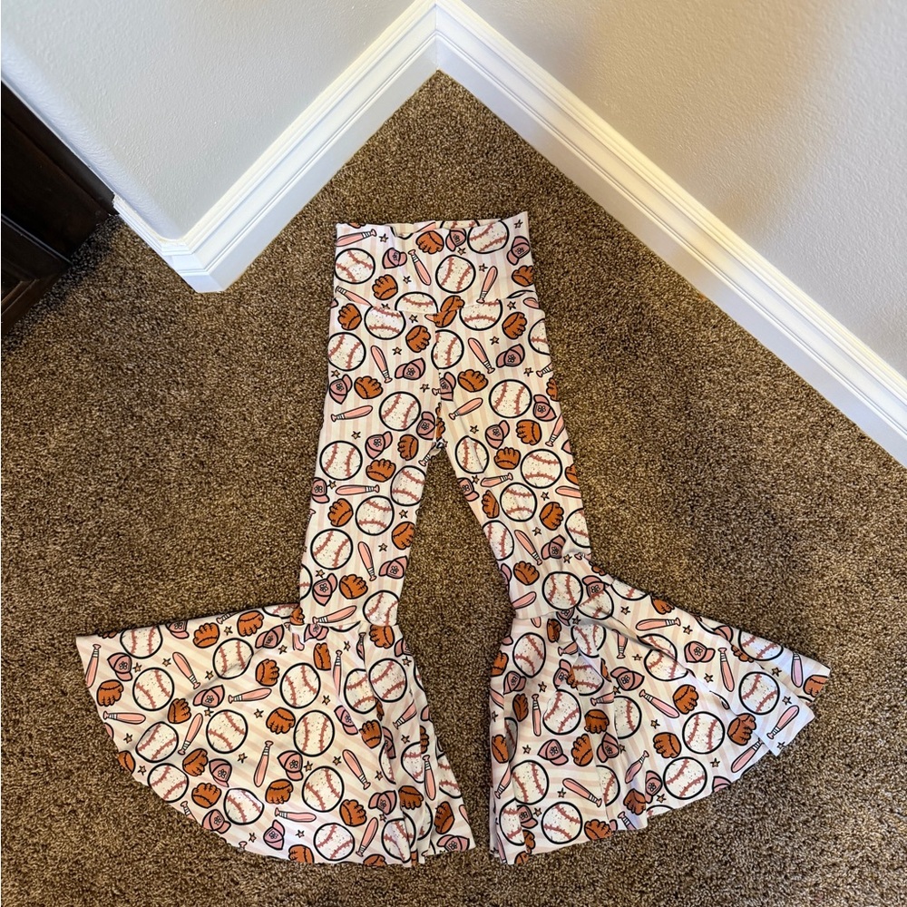 Girls Baseball Print Bell-Bottom Pants